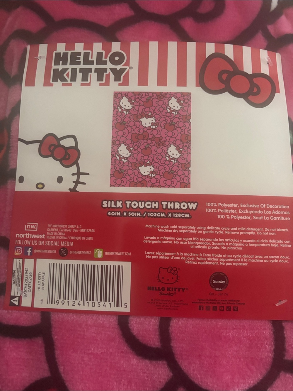 Hello Kitty Pink and White Bow Plush Throw